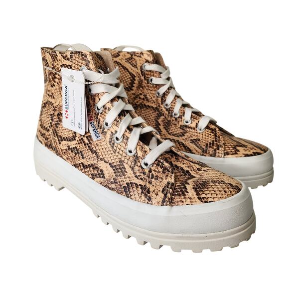 Superga Hi-Top Platform Sneakers Women's 38/7.5 Brown Reptile Leather NWOB - Picture 1 of 8